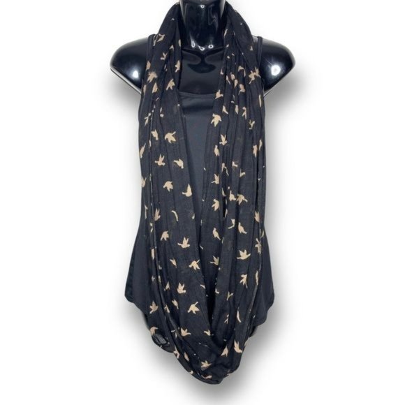 Charming Charlie Black Tan Lightweight Semi Sheer Knit Bird Infinity Scarf - Picture 1 of 6